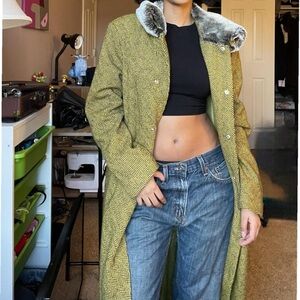 DKNY Olive Herringbone Long Wool Coat